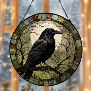 Raven Stained Glass Suncatcher, Gothic Crow Window Hanging, Unique Indoor Home Decor, Halloween Gift, Housewarming Gift Idea for Dark Theme