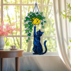 Black Cat & Ivy Hologram Ornament: Acrylic Window Hanging, Plant Lover Gift