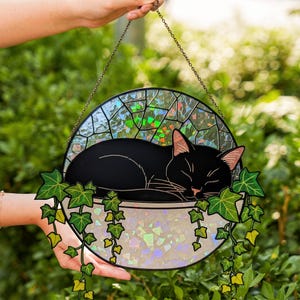 Black Cat Sleeping on Ivy Hologram Ornament | Cat ACRYLIC Window Hanging | Plant Lover Gift | Ivy Plants Decor, Cozy Cat Decor, Gift For Mom