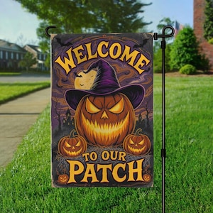 Halloween Garden Flag, Welcome to our patch garden flag, Halloween Porch Flag, Halloween Yard Flag, Pumpkin couch flag, Spooky fall decor