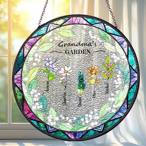 Custom Grandma&#39;s Garden Stained Glass Suncatcher: Birth Month Flowers