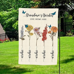 Custom Grandma&#39;s Garden Flag: Birth Month Flowers, Personalized Family Gift