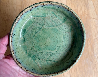 Handmade ceramic trinket dish. Sage Leaf patterned design.