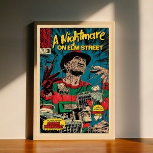 May include: A vintage comic book cover featuring Freddy Krueger, the main antagonist from the A Nightmare on Elm Street horror franchise. The cover is red, green, and blue with the title "A Nightmare on Elm Street" and the issue number "3". Freddy Krueger is depicted with a red and green striped sweater, a brown fedora, and a glove with razor blades. The comic book cover features the text "In this issue: Dream Warriors!" and "A little slice of death!"