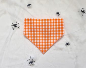 orange gingham bandana, gingham dog bandana, dog bandana, halloween, dog bandana, scrunchie dog bandana, elastic dog bandana, fudge and co.