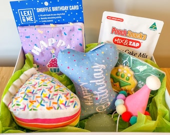 dog birthday box, dog birthday gift, dog birthday, pawty box, dog gift, dog hamper, birthday gift, gift for dog, dog hamper, fudge and co