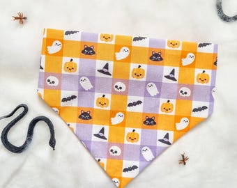 cute spooky check halloween bandana, dog bandana, halloween, dog bandana, scrunchie dog bandana, elastic dog bandana, fudge and co.