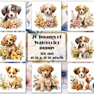 Dog Clipart Watercolor | 20 High Qualiti JPG files, Puppy Digital Paper, Wall Art Decor, Dog Junk Journal, Digital Download