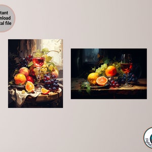 Obst und Wein, Obst und Wein, Stillleben Obst, Kunst in der Küche, Digitaler Download, Kunstdruck in der Küche, Wandkunst, Stillleben