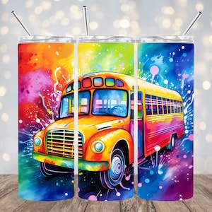 Rainbow Colorful School Bus 20 oz Skinny Tumbler Sublimation Design, School Bus Straight & Tapered Tumbler Wrap PNG Instant Digital Download
