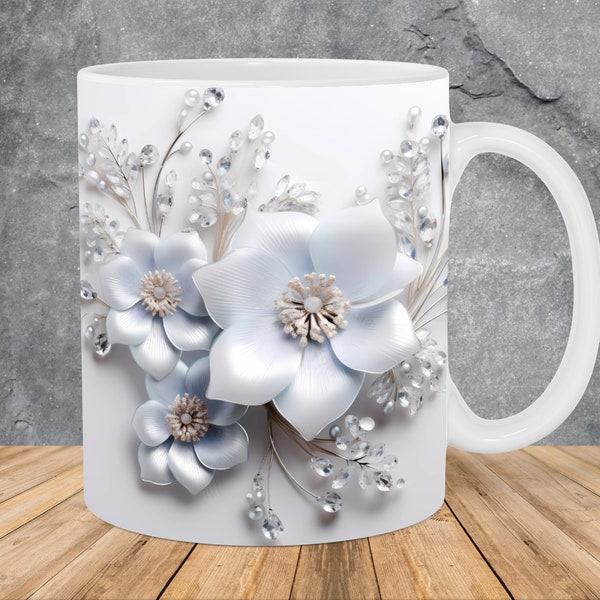 Modello di tazza con fiori bianchi con diamanti 3D, modello di tazza da 11 once e 15 once, modello di tazza con design a sublimazione della tazza di fiori 3D PNG Download digitale istantaneo