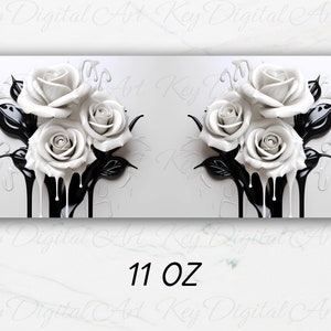 May include: A white background with a black and white 3D image of three roses with black dripping paint. The text "11 OZ" is at the bottom of the image.