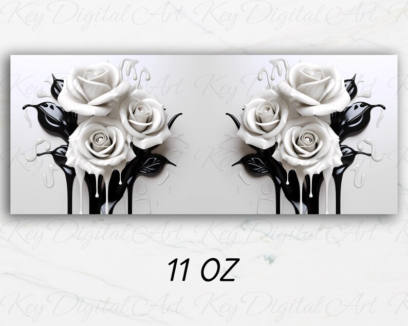 May include: A white background with a black and white 3D image of three roses with black dripping paint. The text "11 OZ" is at the bottom of the image.