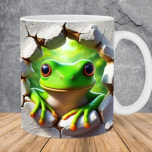Modello di tazza con foro di rana 3D in un muro, da 11 e 15 once, modello di tazza con design a sublimazione 3D, modello di tazza PNG, download digitale istantaneo