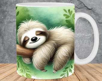 Watercolor Sleeping Sloth Mug Wrap 11oz & 15oz Mug Template, Sloth Mug Sublimation Design Mug Wrap Template PNG Instant Digital Download