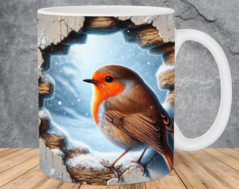 3D Robin Bird Hole In A Wall Mug Wrap 11oz & 15oz Mug Template, Winter Mug Sublimation Design Mug Wrap Template PNG Instant Digital Download