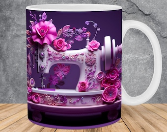 Máquina de coser rosa y púrpura 3D Envoltura de taza Plantilla de taza de 11 oz y 15 oz, Diseño de sublimación de taza Plantilla de envoltura de taza PNG Descarga digital instantánea