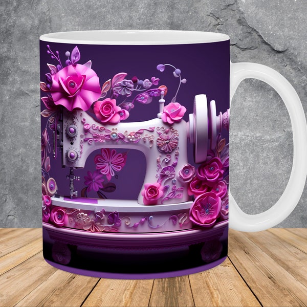 3D Pink And Purple Sewing Machine Mug Wrap 11oz & 15oz Mug Template, Mug Sublimation Design Mug Wrap Template PNG Instant Digital Download