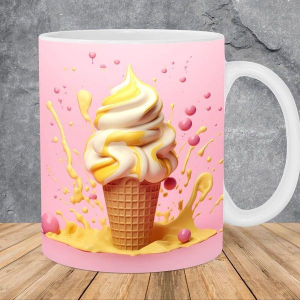 3D Ice-cream Cone Splash Mug Wrap 11oz & 15oz Mug Template, Ice-cream Mug Sublimation Design Mug Wrap Template PNG Instant Digital Download
