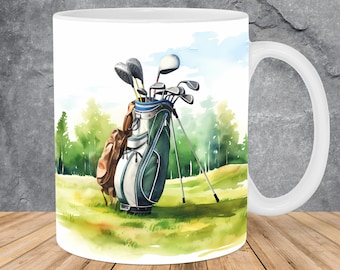 Watercolor Golfer Golf Bag Mug Wrap 11oz & 15oz Mug Template, Golfer Mug Sublimation Design Mug Wrap Template PNG Instant Digital Download