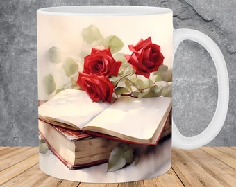 Watercolor Books Red Roses Mug Wrap 11oz & 15oz Mug Template, Flower Mug Sublimation Design Mug Wrap Template PNG Instant Digital Download