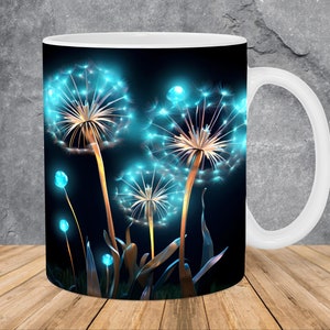 Neon Blue Dandelions Mug Wrap 11oz & 15oz Mug Template, Dandelions Mug Sublimation Design Mug Wrap Template PNG Instant Digital Download