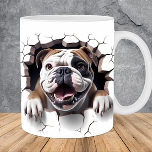 3D English Bulldog Hole In A Wall Mug Wrap 11oz & 15oz Mug Template, Mug Sublimation Design Mug Wrap Template PNG Instant Digital Download