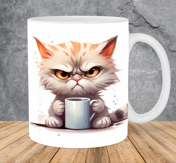 Grumpy Cat With Coffee Cup Mug Wrap 11oz & 15oz Mug Template, Cat Mug Sublimation Design Mug Wrap Template PNG Instant Digital Download