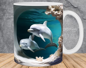 3D Dolphins In Coral Cave Mug Wrap 11oz & 15oz Mug Template, 3D Ocean Mug Sublimation Design Mug Wrap Template PNG Instant Digital Download