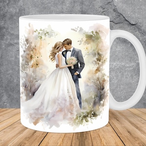 Watercolor Wedding Couple Mug Wrap 11oz & 15oz Mug Template, Lovers Mug Sublimation Design Mug Wrap Template PNG Instant Digital Download