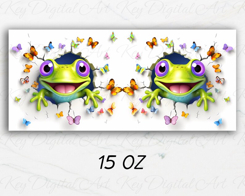 K&ouml;nnte beinhalten: Ein gr&uuml;ner Frosch mit lila Augen schaut aus einer rissigen wei&szlig;en Wand. Der Frosch l&auml;chelt und hat seine Zunge herausgestreckt. Um den Frosch herum befinden sich bunte Schmetterlinge. Der Text "15 OZ" ist unter dem Bild gedruckt.