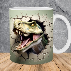 3D Roaring Dinosaur Hole In A Wall Mug Wrap 11oz & 15oz Mug Template, Mug Sublimation Design Mug Wrap Template PNG Instant Digital Download
