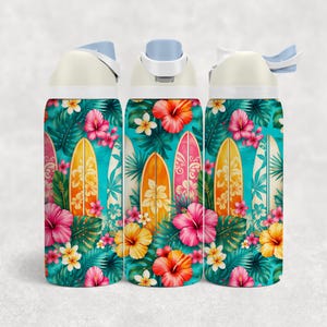 May include: Three cylindrical water bottles with white flip-top lids featuring a vibrant tropical pattern. The design includes yellow and pink surfboards, large green palm leaves, and colourful hibiscus flowers in shades of red, pink, and yellow.