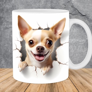 3D Chihuahua Dog Hole In A Wall Mug Wrap 11oz & 15oz Mug Template, 3D Mug Sublimation Design Mug Wrap Template PNG Instant Digital Download