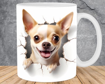 3D Chihuahua Dog Hole In A Wall Mug Wrap 11oz & 15oz Mug Template, 3D Mug Sublimation Design Mug Wrap Template PNG Instant Digital Download