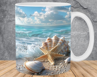 3D Beach Ocean Waves Seashells Mug Wrap 11oz & 15oz Mug Template, 3D Mug Sublimation Design Mug Wrap Template PNG Instant Digital Download