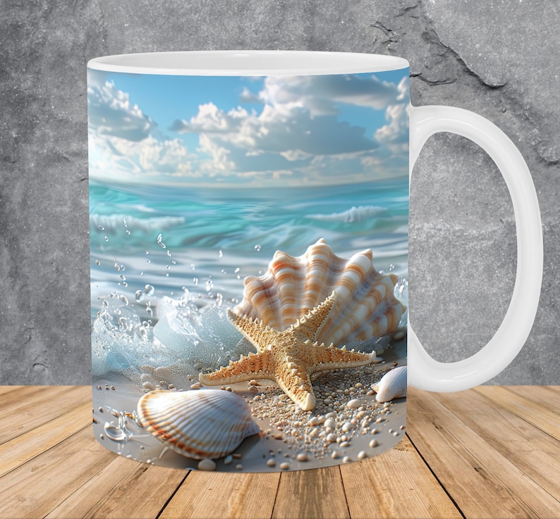 May include: White ceramic mug with a seashell and starfish design. The mug features a blue ocean with white foamy waves crashing on a sandy beach.