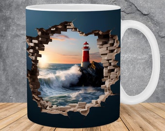 3D Lighthouse Ocean Hole In A Wall Mug Wrap 11oz & 15oz Mug Template, Mug Sublimation Design Mug Wrap Template PNG Instant Digital Download