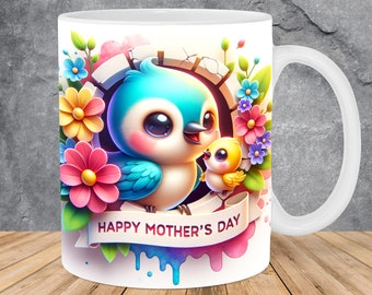 3D Happy Mother's Day Birds Flowers Mug Wrap 11oz & 15oz Mug Template, Mug Sublimation Design Mug Wrap Template PNG Instant Digital Download