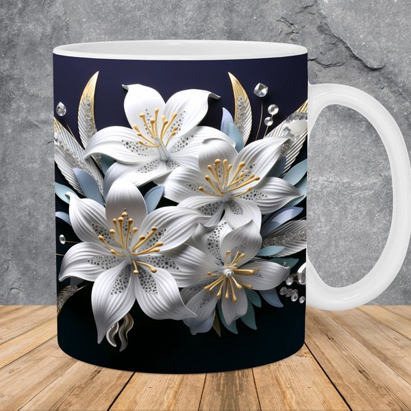 Pierres précieuses 3D fleurs blanches Mug Wrap 11 oz & modèle de tasse 15 oz, Mug 3D Sublimation Design Mug Wrap modèle PNG Téléchargement numérique