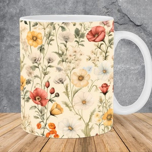 Vintage Field Flowers Mug Wrap 11oz & 15oz Mug Template, Flower Mug Sublimation Design Mug Wrap Template PNG Instant Digital Download
