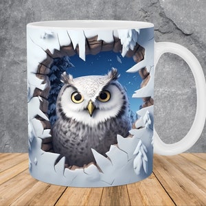 3D Winter Owl Hole In A Wall Mug Wrap 11oz & 15oz Mug Template, 3D Owl Mug Sublimation Design Mug Wrap Template PNG Instant Digital Download