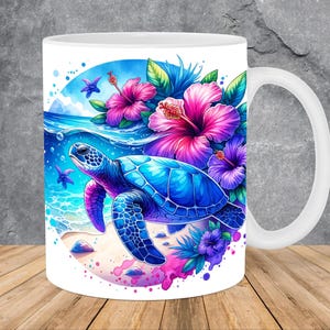 May include: White ceramic mug featuring a vibrant illustration of a sea turtle swimming near hibiscus flowers. The design includes shades of blue, pink, and purple, creating a tropical theme. The mug has a white handle.