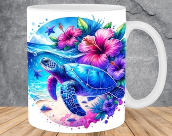 Turtle Mug Wrap 11oz & 15oz Mug Template, Hibiscus Flowers Mug Sublimation Design Mug Wrap Template PNG Instant Digital Download