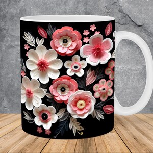 3D Pink White Flowers Mug Wrap 11oz & 15oz Mug Template, 3D Flower Mug Sublimation Design Mug Wrap Template PNG Instant Digital Download