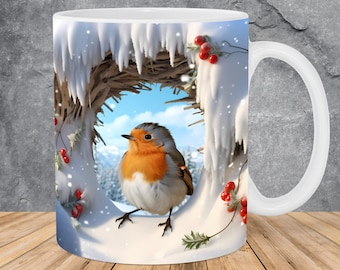 3D Winter Bird In A Snowy Wall Mug Wrap 11oz & 15oz Mug Template, 3D Mug Sublimation Design Mug Wrap Template PNG Instant Digital Download