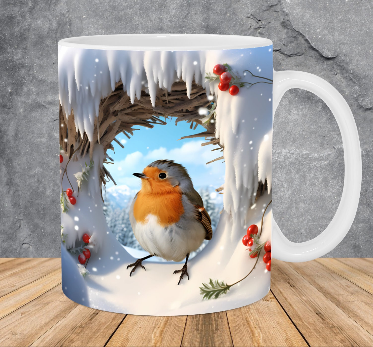 3D Winter Bird In A Snowy Wall Mug Wrap 11oz & 15oz Mug Template, 3D Mug Sublimation Design Mug Wrap Template PNG Instant Digital Download