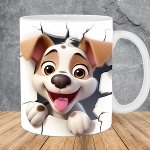 3D Cartoon Puppy Hole In A Wall Mug Wrap 11oz & 15oz Mug Template, Dog Mug Sublimation Design Mug Wrap Template PNG Instant Digital Download