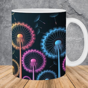 Neon Dandelions Flowers Mug Wrap 11oz & 15oz Mug Template, Flowers Mug Sublimation Design Mug Wrap Template PNG Instant Digital Download