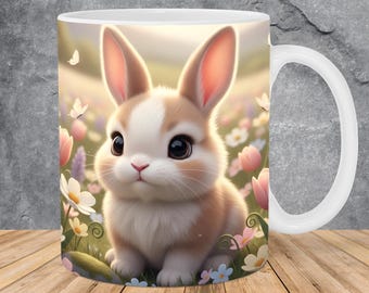 3D Bunny Rabbit Mug Wrap 11oz & 15oz Mug Template, Flowers Mug Sublimation Design Mug Wrap Template PNG Instant Digital Download